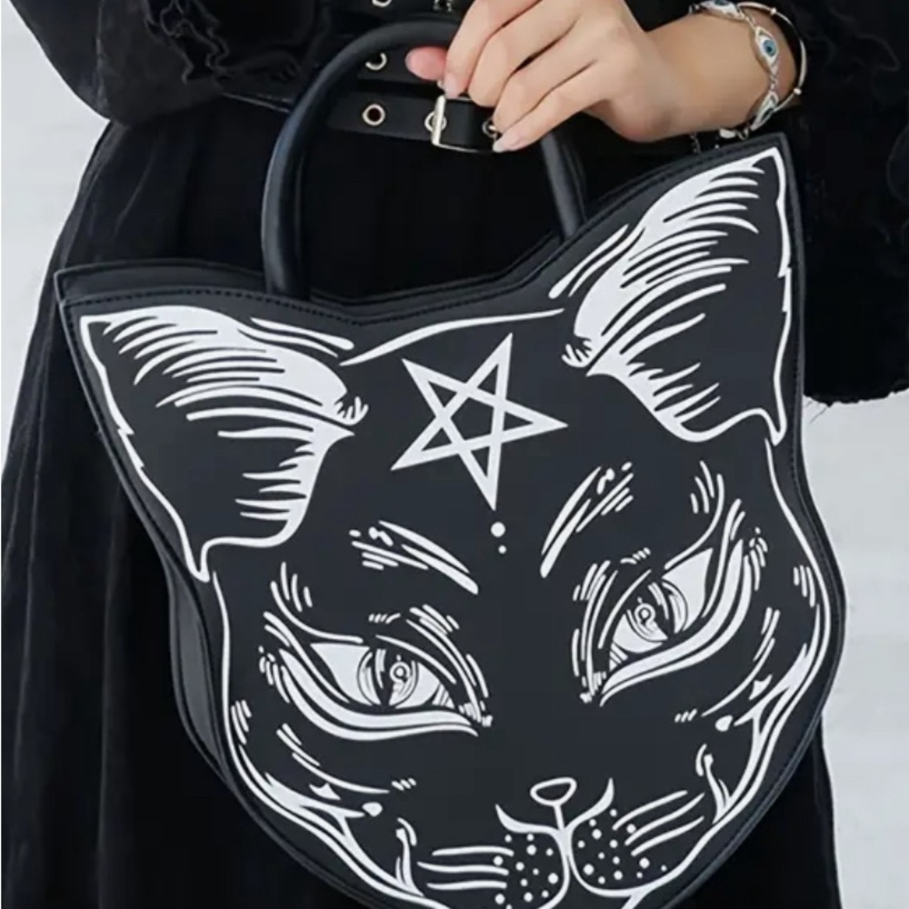 Casual Feline Gothic Purse/ Handbag- Cat Head Shaped Design, Punk Style - Picture 6 of 11